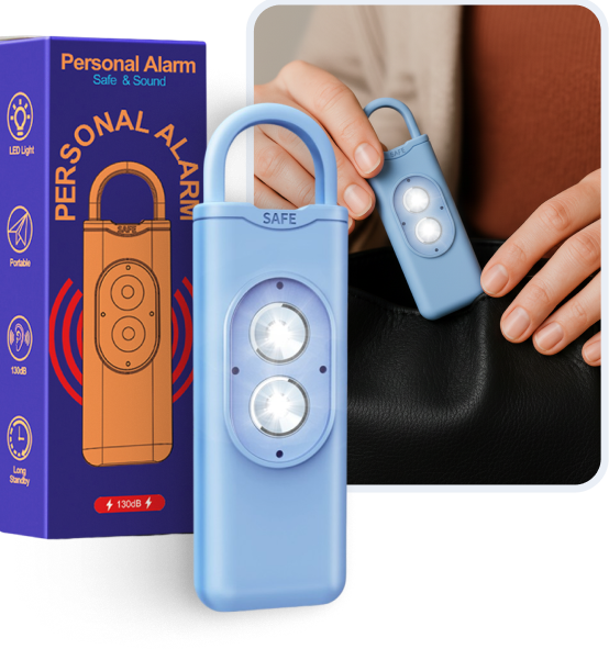HerAlarm product and packaging beside a woman holding the alarm with its LEDs illuminated